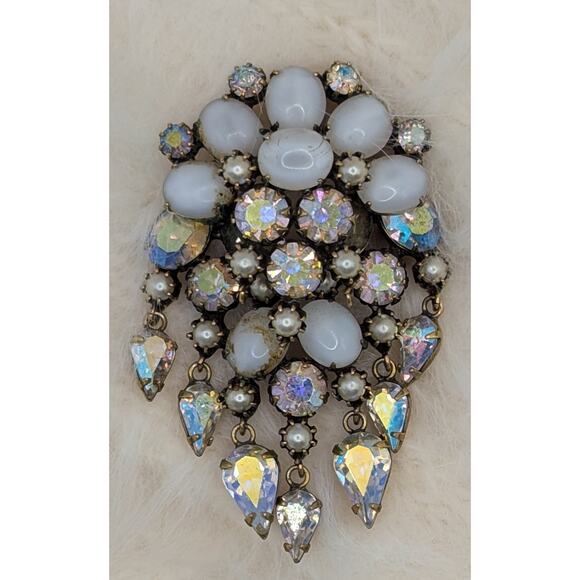 Signed KRAMER Of New York Aurora Borealis Rhinestone Silver Tone Dangle Brooch - Picture 6 of 6